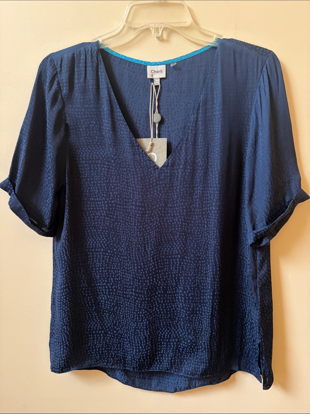 Charli Navy Textured V-Neck Short Sleeve Blouse